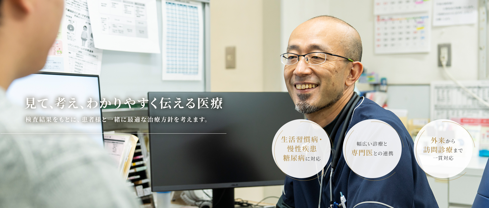 【見て、考え、わかりやすく伝える医療】検査結果をもとに、患者様と一緒に最適な治療方針を考えます。【生活習慣病・慢性疾患・糖尿病に対応】【幅広い診療と専門医との連携】【外来から訪問診療まで一貫対応】